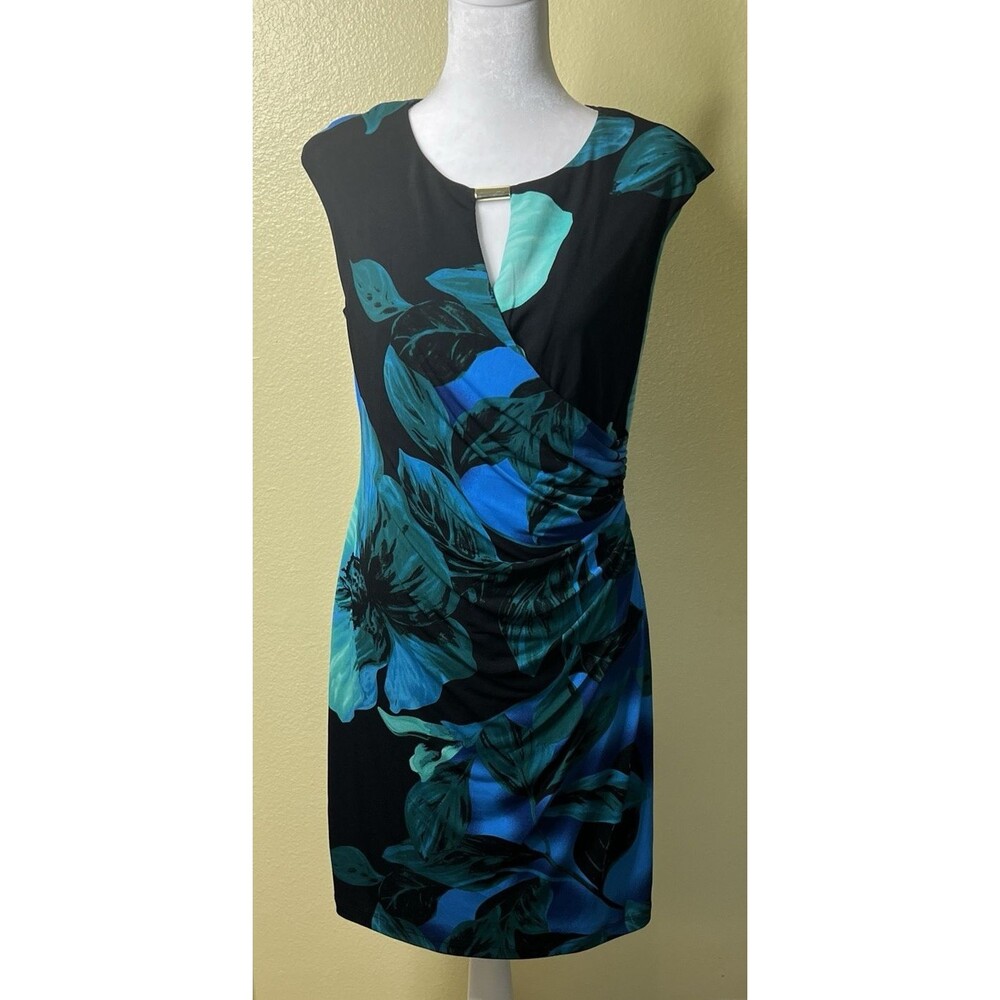 RN Studio Ronni Nicole Black Blue Green Floral Faux Wrap Ruched Keyhole Sz 10P - Picture 2 of 8